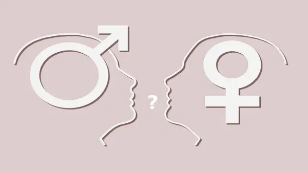 Profili stilizzati di uomo e donna si fronteggiano, un punto interrogativo tra loro. Simboli di genere e dubbi sull'identità, forse la paura di essere gay.