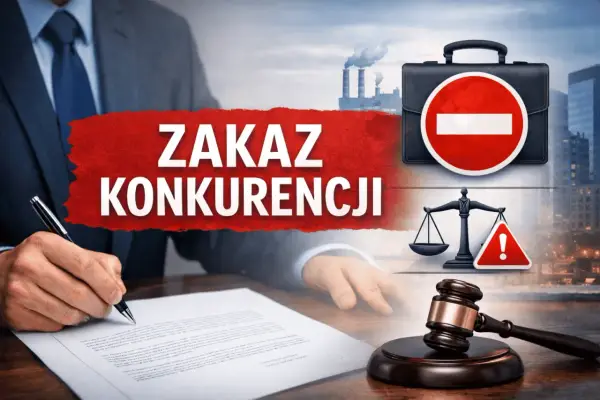 Biznesmen podpisuje dokumenty. Na tle symbole: zakaz konkurencji, waga sprawiedliwości, młotek sędziowski i fabryka.