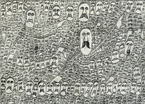 Obraz w stylu art brut: gęsty tłum twarzy z wąsami, niektóre większe, inne mniejsze, tworzące hipnotyzujący wzór.