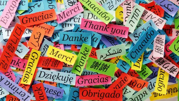 Fragmentos de tela con "Gracias" en varios idiomas, mostrando porque es importante aprender idiomas para conectar con el mundo.