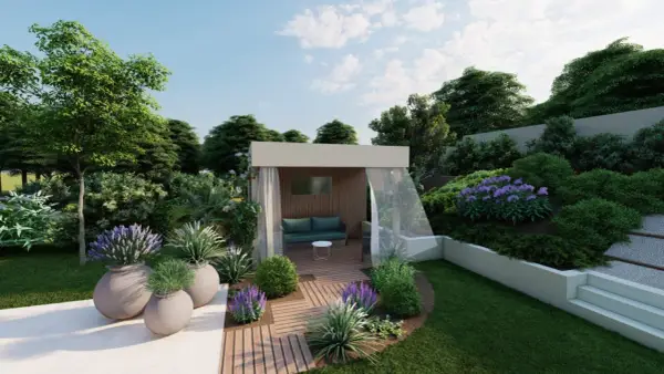 Un bel agencement jardin avec un kiosque moderne, des canapés confortables, des plantes luxuriantes et des pots décoratifs.