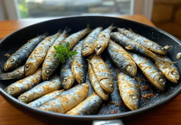 Sardines dorées et assaisonnées dans une poêle, prêtes pour une délicieuse recette sardine. Une touche de persil frais pour la garniture.