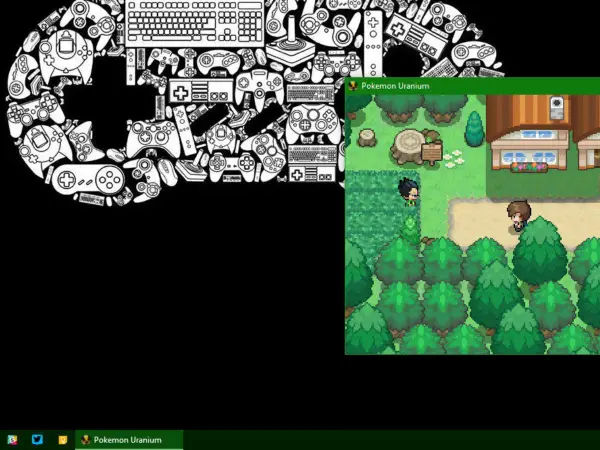 Gry Pokemon na PC: Pokemon Uranium na ekranie, otoczone grafiką z kontrolerami.