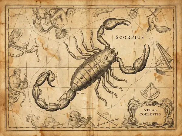 Starożytna mapa nieba z konstelacją Skorpiona (Scorpius). Od kiedy człowiek patrzy w gwiazdy, skorpion fascynuje.