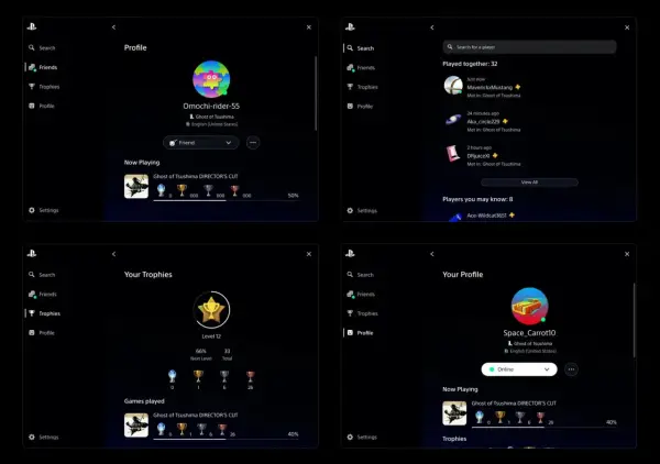 Cztery ekrany profilu PlayStation z grą Ghost of Tsushima, pokazujące profile graczy i trofea.
