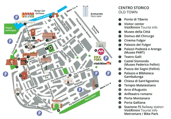 Mappa del centro storico di Rimini: scopri cosa vedere, dai monumenti storici ai parchi, con indicazioni per il turismo.