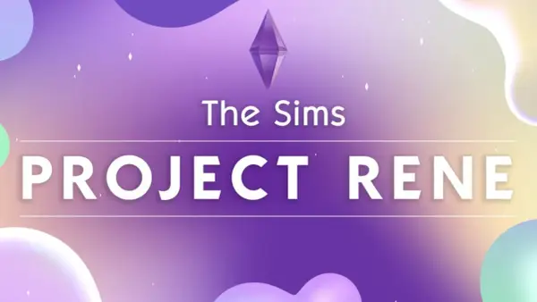 Logo "The Sims PROJECT RENE" na fioletowym tle z pastelowymi plamami. Czyżby zapowiedź The Sims 5?