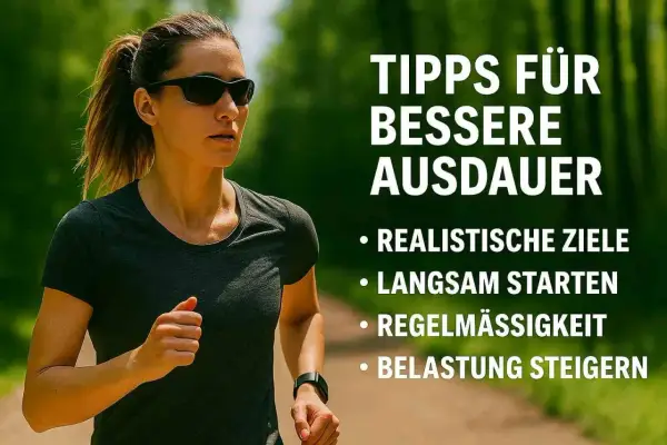 Frau läuft im Freien, um ihre Ausdauer zu trainieren. Tipps für bessere Ausdauer: realistische Ziele, langsam starten, Regelmäßigkeit, Belastung steigern.