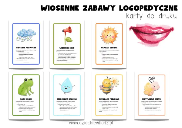 Wiosenne zabawy logopedyczne dla dzieci: karty z ćwiczeniami na oddech, artykulację i słuch.