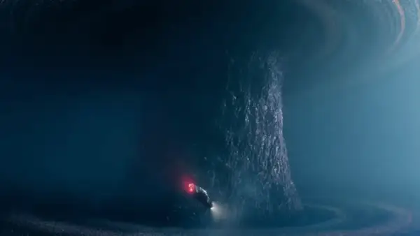 Mroczna, wirująca struktura przypominająca drzewo w **stranger things upside down**. Mały pojazd z czerwonym światłem zbliża się do niej.
