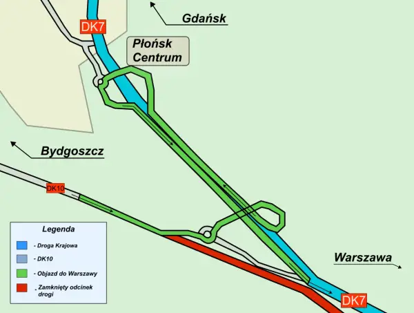 Mapa drogowa Płońska z zaznaczoną trasą DK7, objazdem do Warszawy i zamkniętym odcinkiem drogi.
