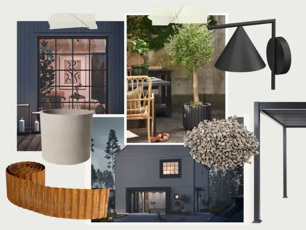 Inspiration för hur man gör en moodboard för utomhusmiljö: mörk fasad, olivträd, sten, pergola och modern belysning.