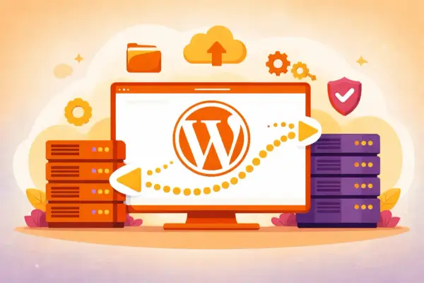Illustration d'une migration WordPress : un écran affiche le logo WordPress, avec des serveurs et une flèche de transfert de données.