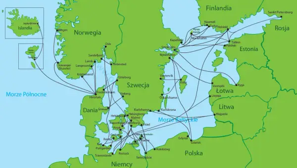 Mapa promów łączących Danię, Niemcy, Szwecję, Norwegię, Finlandię, Estonię, Łotwę, Litwę, Polskę i Islandię.