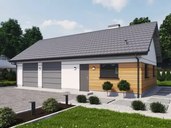 Nowoczesny budynek gospodarczy projekt: garaż na dwa samochody, drewniana elewacja, szary dach, zadbany ogród.