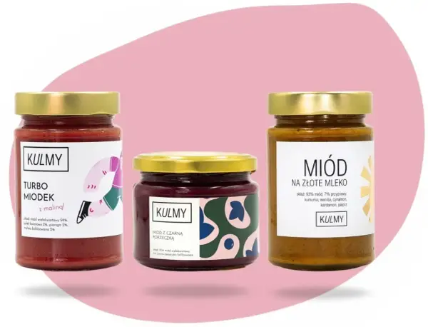 Trzy słoiczki miodu KULMY: Turbo Miodek z maliną, miód z czarną porzeczką i miód na złote mleko.