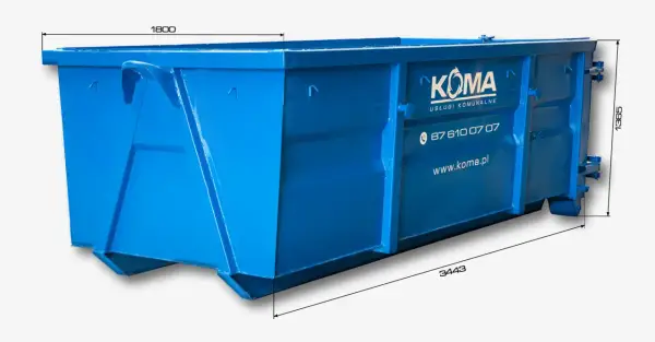 Niebieski kontener KOMA. Wymiary: 3443 mm długości, 1800 mm szerokości, 1365 mm wysokości. Idealny do usług komunalnych.