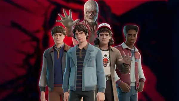 Postacie ze Stranger Things w Fortnite, z Vecną czającym się w tle.