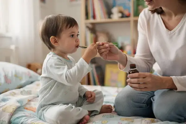 Mama podaje dziecku syrop na łyżeczce. Maluch dzielnie przyjmuje lek, być może to Tussipect na kaszel.