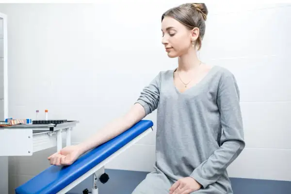Młoda kobieta czeka na pobranie krwi. Jej ręka spoczywa na niebieskim podłokietniku. W tle widać stojak z probówkami.