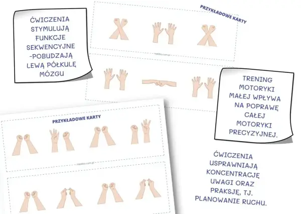 Kiedy najlepiej ćwiczyć? Rysunki dłoni pokazują ćwiczenia usprawniające koncentrację i planowanie ruchu.