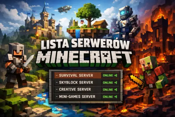 Lista serwerów Minecraft: Survival, Skyblock, Creative i Mini-Games. Bohaterowie w zbrojach i potwory w tle.