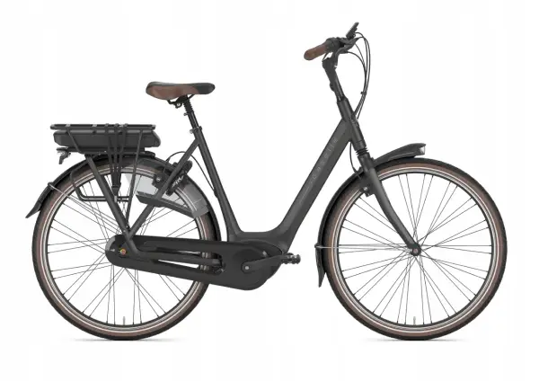 Czarny rower elektryczny Gazelle z bagażnikiem i baterią. Rozmiar ramy 53 cm, idealny dla osób o wzroście ok. 170-180 cm.