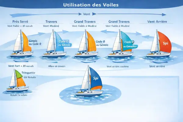 Schéma illustrant l'utilisation des voiles (génois, spi, trinquette) en fonction du vent et de l'allure en navigation.