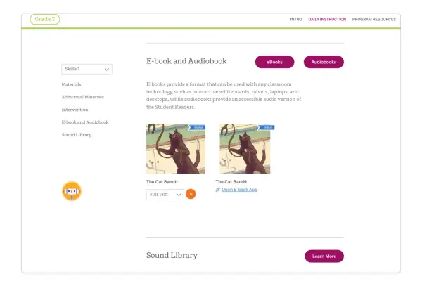 Dostępne audiobooki po angielsku z tekstem, w tym "The Cat Bandit". Możliwość wyboru pełnego tekstu.