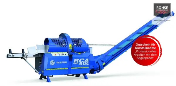 Blauer Tajfun RCA 500 Pro Sägespalter mit Förderband. Informieren Sie sich über den Tajfun RCA 500 Pro Preis und professionelles Arbeiten.