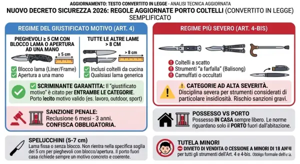 Schema del nuovo decreto sicurezza 2026: coltelli pieghevoli con blocco lama o apertura a una mano, coltelli da cucina, balisong, bastoni da passeggio con lama nascosta.