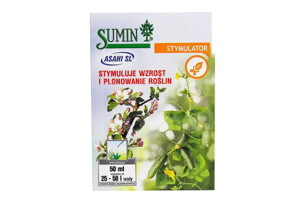 Opakowanie stymulatora SUMIN ASAHI SL. Opisuje dawkowanie: 50 ml na 25-50 l wody, dla lepszego wzrostu i plonowania roślin.