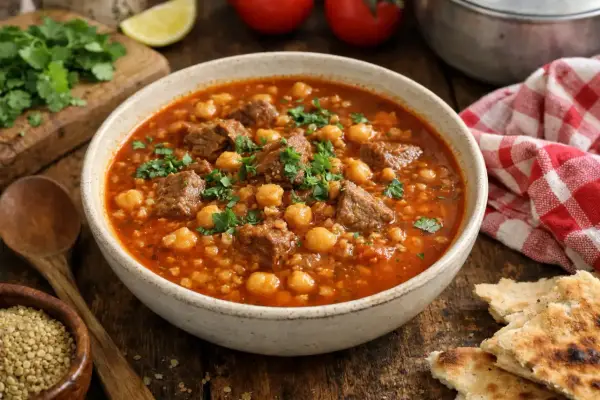 Un bol de chorba frik recette, une soupe réconfortante aux morceaux de viande, pois chiches et herbes fraîches, accompagnée de pain.