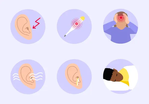 Symptômes d'une infection de l'oreille : douleur, fièvre, maux de tête, bourdonnements, écoulement et sommeil perturbé.