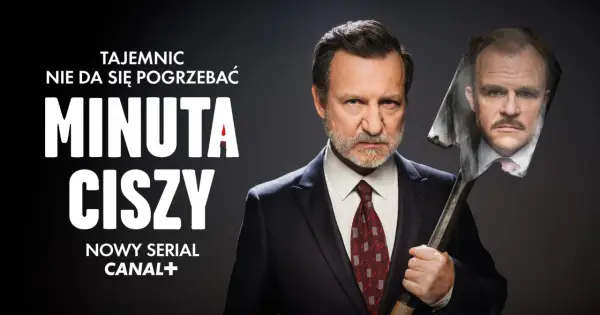 Mężczyzna w garniturze trzyma łopatę z wizerunkiem innej twarzy. Tajemniczy film "Minuta ciszy" już wkrótce.