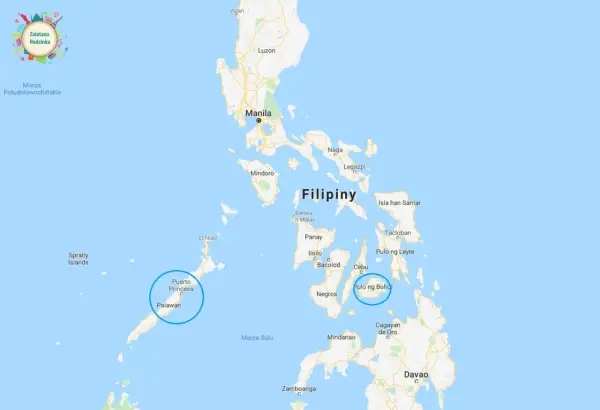 Mapa pokazuje, gdzie leżą Filipiny, z zaznaczonymi miastami jak Manila, Cebu i Palawan.