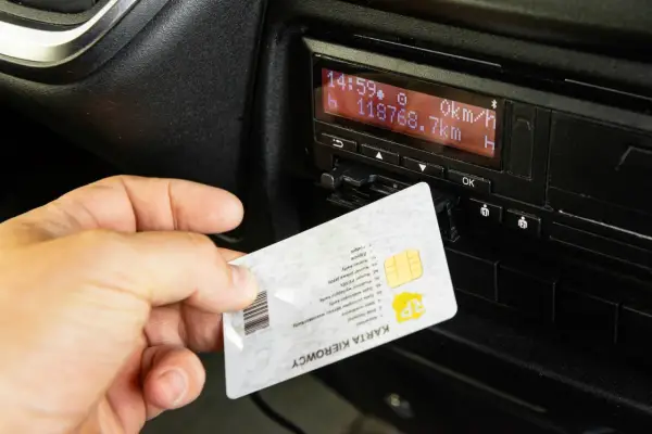 Wkładanie karty kierowcy do tachografu w busie. Urządzenie rejestruje czas pracy i przebieg pojazdu.
