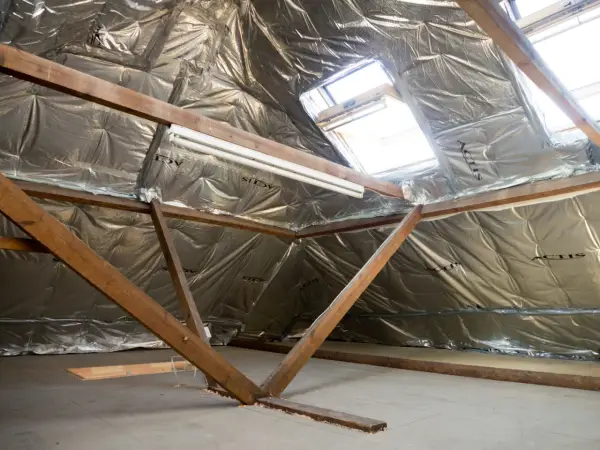 Isolation argentée sous les combles, avec poutres en bois et fenêtres de toit. Un système VMC sans comble est en cours d'installation.