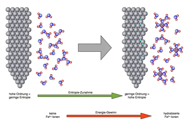 Ein Eisennagel reagiert mit Kupfersulfatlösung. Eisenionen (Fe2+) lösen sich, während sich Kupfer auf dem Nagel abscheidet. Entropie nimmt zu, Energie wird gewonnen.