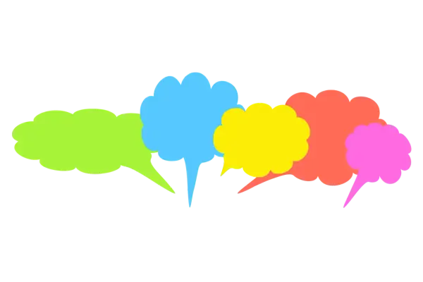 Kolorowe dymki dialogowe, idealne do ćwiczeń z word formation B2, tworzą barwną chmurę myśli.