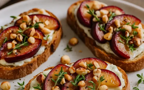 Bruschetta z gorgonzolą, śliwkami i orzechami laskowymi. Pyszna przekąska, która zachwyci każdego smakosza.