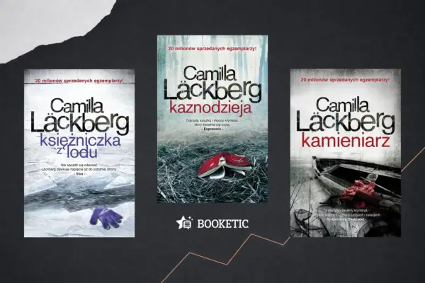 Okładki książek z serii Camilla Läckberg: "Księżniczka z lodu", "Kaznodzieja" i "Kamieniarz".