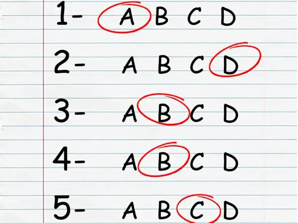 Liste mit nummerierten Fragen und Auswahlmöglichkeiten (A, B, C, D). Einige Antworten sind rot eingekreist, was die Bedeutung der Noten verdeutlicht.