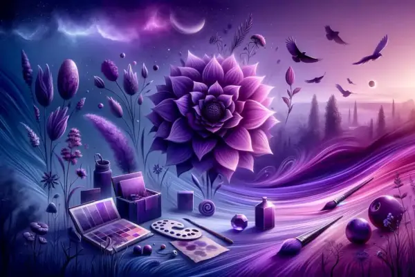 Artystyczna wizja, gdzie znaczenie koloru fioletowego ożywa w magicznym krajobrazie. Fioletowe kwiaty, ptaki i artystyczne przybory tworzą surrealistyczny sen.