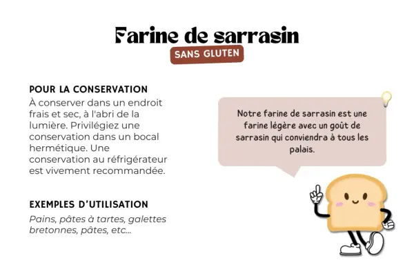 Farine de sarrasin sans gluten, idéale pour pains et galettes. Une farine légère qui ravira tous les palais.