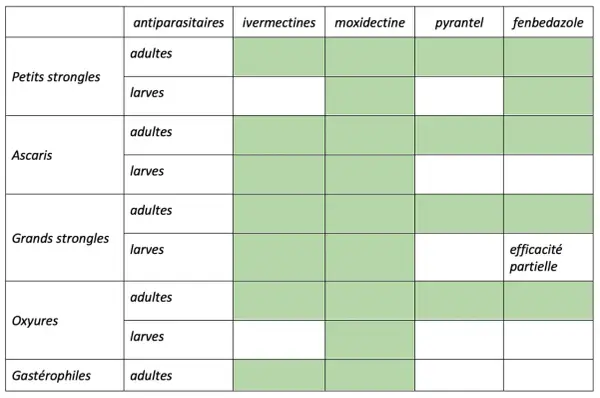 Tableau comparant l'efficacité de divers antiparasitaires contre les vers des chevaux (adultes et larves) : petits strongles, ascaris, grands strongles, oxyures, gastérophiles.