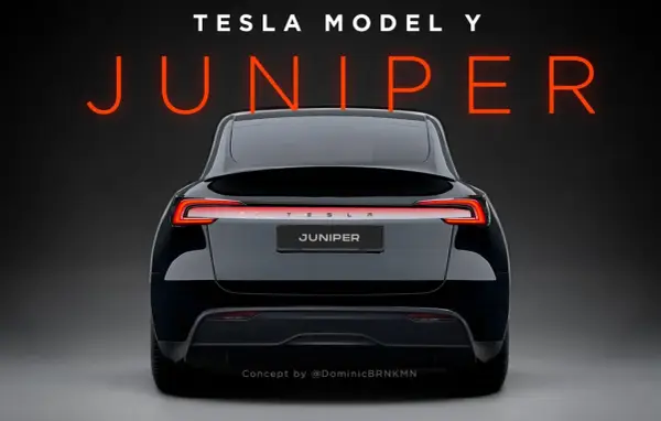 Tył czarnego Tesli Model Y Juniper z zapalonymi światłami.