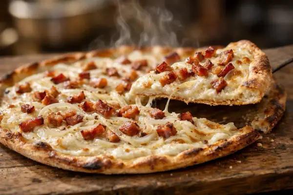 Une part de flammekueche fumante, garnie d'oignons et de lardons croustillants. Une recette simple et délicieuse.