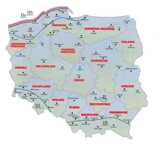 Parcie wiatru na ścianę - Strefy obciążenia wiatrem, Polska