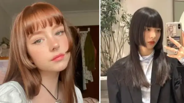 Dos mujeres con corte de pelo hime cut. Una tiene el pelo castaño rojizo y la otra, negro azabache.